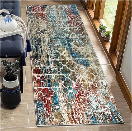 BORKOY Bunter Läufer Teppich Flur Küche rutschfest Marokko Design 70x300cm Waschbar Meterware Korridor Schlafzimmer Wohnzimmer Anpassbare Größe 40-195cm Breite Vintage Polyester Küchenläufer Lang von BORKOY