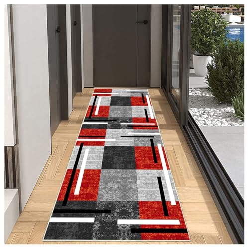 BORKOY Flur Läufer Teppich Modern Rot rutschfest 120x450cm Küchenteppich Waschbar Meterware Anpassbar Lang für Korridor Schlafzimmer Wohnzimmer Polyester Flurläufer Teppichmatten mit Gummiunterlage von BORKOY