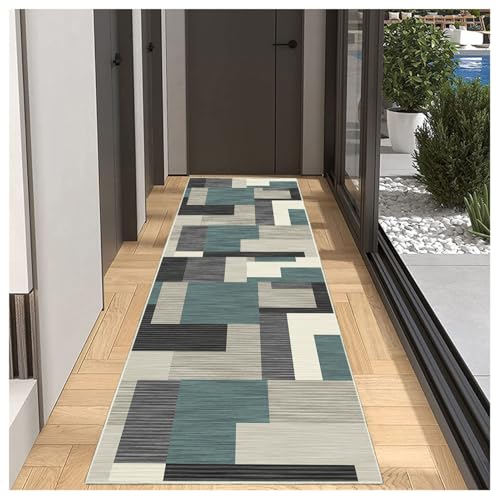 BORKOY Flurläufer Grün Grau Patchwork 40x180cm Küchenteppich Modern rutschfest Waschbar Meterware Teppich Läufer Lang für Korridor Schlafzimmer Wohnzimmer, Anpassbare Polyester strapazierfähig von BORKOY