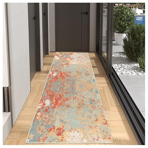 BORKOY Flurläufer Lang Küchenteppich 50x150cm Orange Modern Abstract rutschfest Waschbar Polyester Meterware Teppich Läufer für Wohnzimmer Büro,Extra Langer Korridor Teppich mit Antirutsch-Rücken von BORKOY