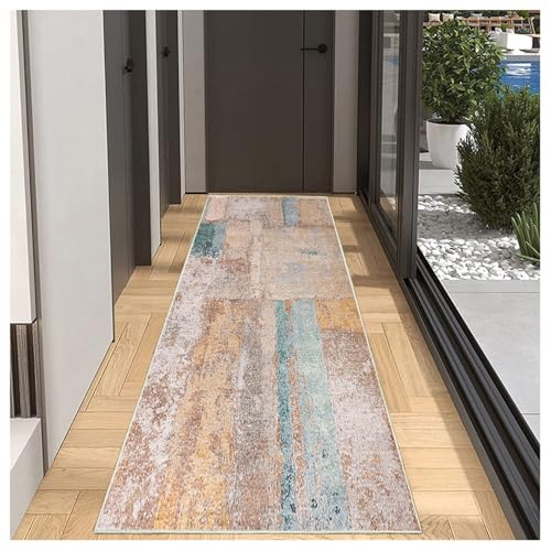 BORKOY Flurläufer Lang Küchenteppich 50x250cm Beige+Blau Modern Abstract rutschfest Waschbar Polyester Meterware Teppich Läufer für Wohnzimmer Büro,Extra Langer Korridor Teppich mit Antirutsch-Rücken von BORKOY