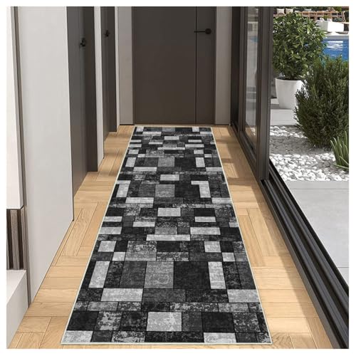 BORKOY Flurteppich Läufer Küche 40x100cm Grau Geometrisch rutschfest Waschbar Küchenläufer Lang, Moderner Korridor Teppichläufer für Wohnzimmer Schlafzimmer, Meterware Anpassbar, Schmutzfangmatte von BORKOY