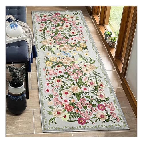 BORKOY Grau,120x500cm, Blumiger Läufer Teppich Lang Flur Küche Blumenmuster Vintage rutschfest Waschbar Flurteppich Korridor Teppichläufer Kücheläufer Schlafzimmer Wohnzimmer Meterware Anpassbar von BORKOY
