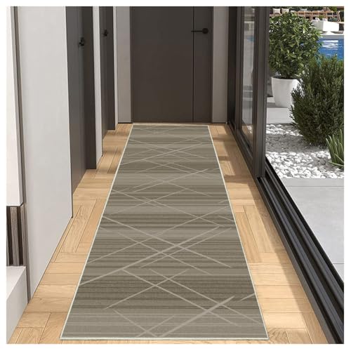 BORKOY Grauer Teppichläufer Flur Küche 90x400cm Modern Waschbar rutschfest, Küchenläufer Korridor Teppich mit Geometrisch Design | Meterware für Essbereich Schlafzimmer Büro Türvorleger von BORKOY