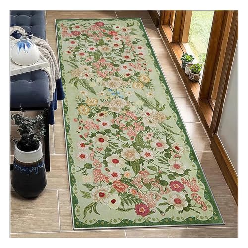 BORKOY Grün,90x120cm, Blumiger Läufer Teppich Lang Flur Küche Blumenmuster Vintage rutschfest Waschbar Flurteppich Korridor Teppichläufer Kücheläufer Schlafzimmer Wohnzimmer Meterware Anpassbar von BORKOY