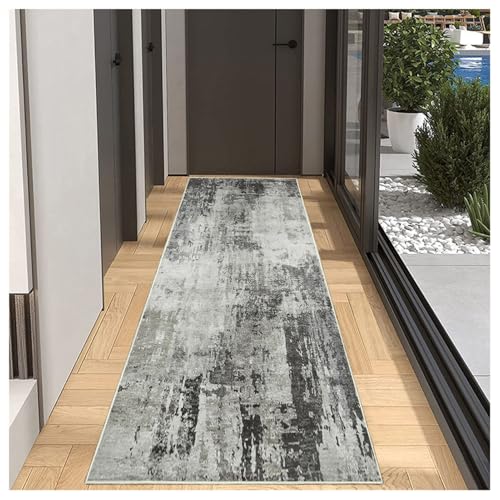 BORKOY Korridor Teppich Lang Flur Läufer 40x300cm Dunkelgrau Abstract Modern rutschfest Waschbar Küchenteppich Meterware, Anpassbare Länge für Schlafzimmer Eingang, Polyester Langteppich von BORKOY