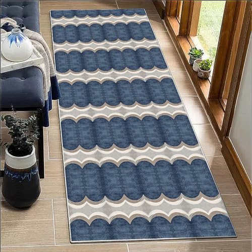 BORKOY Küchenläufer Flurteppich Blau Streifenmuster 80x400cm Rutschfester Teppichläufer waschbar für Küche, Flur, Wohnzimmer | Extra Langer Korridor Runner mit strapazierfähiger Polyester-Qualität von BORKOY