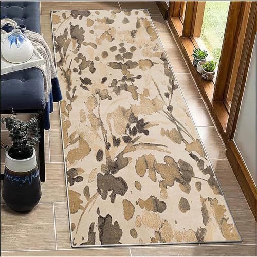 BORKOY Küchenläufer Flurteppich Braun Beige Abstrakt Lang 40x100cm rutschfest Waschbar Läufer für Küche Korridor Teppichmatte Polyester Meterware Dauerhaft Schlafzimmer Wohnzimmer Schmutzfangmatte von BORKOY