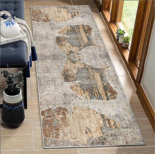 BORKOY Küchenläufer Flurteppich Grau Braun 40x100cm Waschbar Rutschfester Teppichläufer mit Abstraktem Blattdesign Kurzflor Polyester für Küche Korridor Eingangsbereich Schlafzimmer Meterware von BORKOY