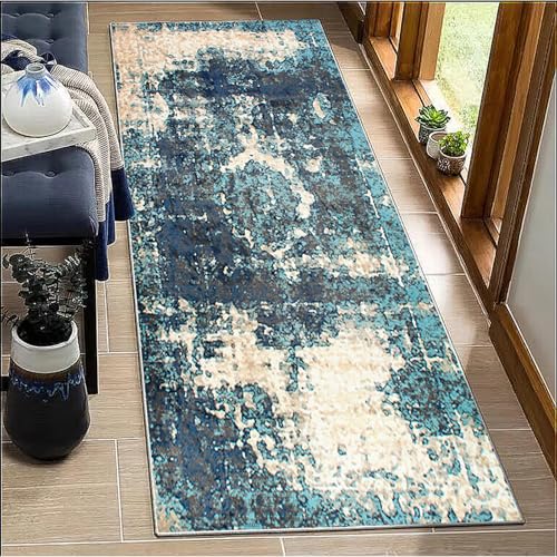 BORKOY Läufer Lang Flur Teppich Blau Modern 50x80cm Abstract rutschfest Waschbar Küchenteppich Korridor Teppichläufer Schlafzimmer Wohnzimmer Eingang Schmutzfangmatte Meterware Anpassbar von BORKOY