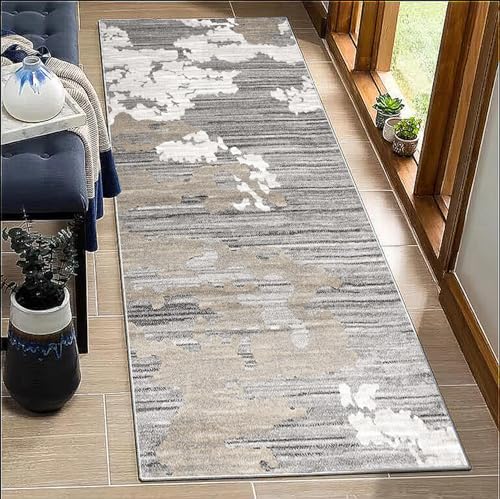 BORKOY Läufer Lang Flur Teppich Grau Weiß Modern 50x80cm Abstract rutschfest Waschbar Küchenteppich Korridor Teppichläufer Schlafzimmer Wohnzimmer Eingang Schmutzfangmatte Meterware Anpassbar von BORKOY
