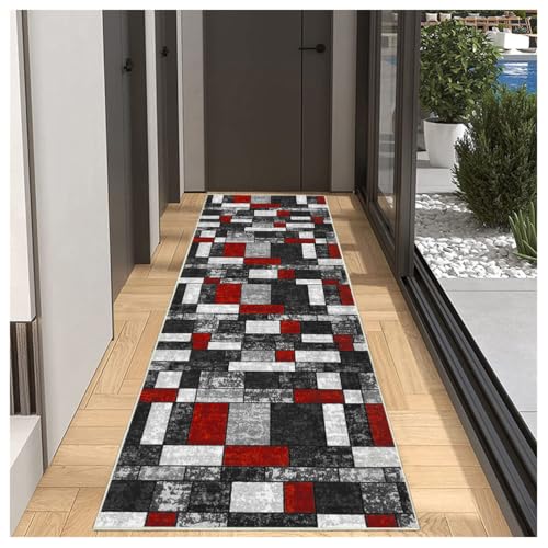 BORKOY Läufer Lang Flur rutschfest Teppich Küche Schwarz Rot Grau 40x150cm Modern Korridor Teppichmatten, Küchenteppich Schlafzimmer Esszimmer, Polyester Meterware Geometrisch Schmutzfangmatte von BORKOY