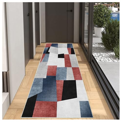 BORKOY Läufer Teppich Bunt Lang Flur Geometrisch Muster 90x250cm rutschfest Waschbar Modern Küchenläufer Korridor, Polyester Meterware Anpassbar Schlafzimmer Wohnzimmer, Teppichmatte von BORKOY