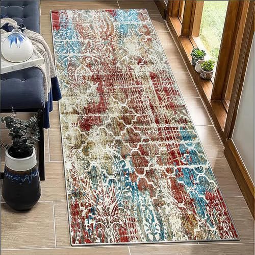 BORKOY Läufer Teppich Flur Bunt Muster 90x120cm rutschfest Küchenteppich Waschbar Meterware Lang für Korridor Schlafzimmer, Farbenfrohes Orient Design mit Antirutsch-Unterlage - Anpassbare Länge von BORKOY