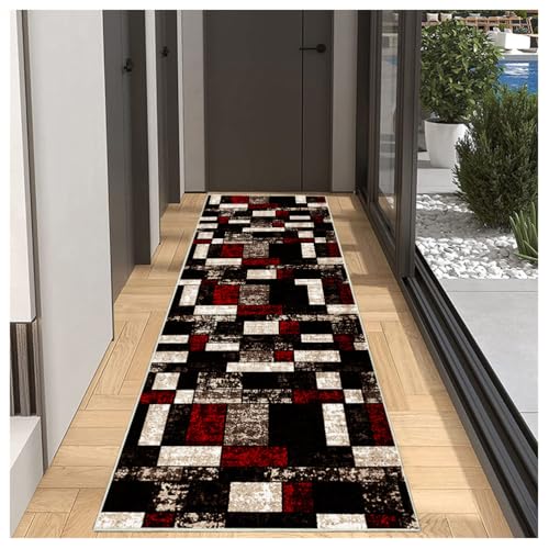BORKOY Läufer Teppich Flur Küche 60x180cm Schwarz Rot Geometrisch Rutschfester waschbarer Küchenläufer Korridor Teppichläufer, Moderner Flurläufer für Schlafzimmer Wohnzimmer, Meterware Anpassbar von BORKOY