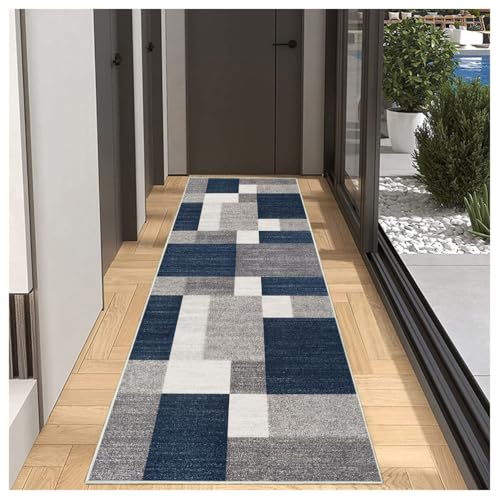 BORKOY Läufer Teppich Flur Küche Blau Grau Geometrischer 60x100cm Modern rutschfest Waschbar Küchenläufer Flurmatten Meterware Korridor Tepiche, Schlafzimmer Wohnzimmer Esszimmer Breit 40-120cm von BORKOY
