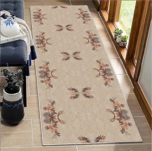 BORKOY Läufer Teppich Flur Lang Küchenteppich Blumen Design 40x250cm Beige rutschfest Waschbar Meterware Korridor Teppichläufer für Wohnzimmer Schlafzimmer Eingangsbereich Polyester Anpassbar von BORKOY