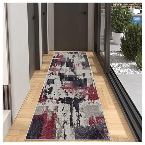BORKOY Läufer Teppich Flur Weinrot 60x450cm Modern Abstract Küchenteppich rutschfest Waschbar Meterware Polyester Langteppich für Korridor Wohnzimmer,Breite 40-120cm Anpassbar, Kurzflor Flurläufer von BORKOY
