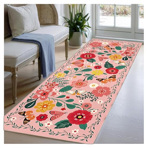BORKOY Rosa Flurläufer Extra Lang 100x300cm mit Blumenmuster, Rutschfester Küchenteppich Waschbar, Teppichläufer für Küche Korridor Schlafzimmer Eingangsbereich Büro, Weicher Dünner Flor, Meterware von BORKOY