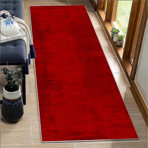 BORKOY Rot Teppich Läufer Flur Küche 90x450cm Abstrakt rutschfest Waschbar Polyester Meterware Korridor Schlafzimmer Wohnzimmer Küchenläufer Flurläufer Lang Eingang Teppich Modern Anpassbar von BORKOY