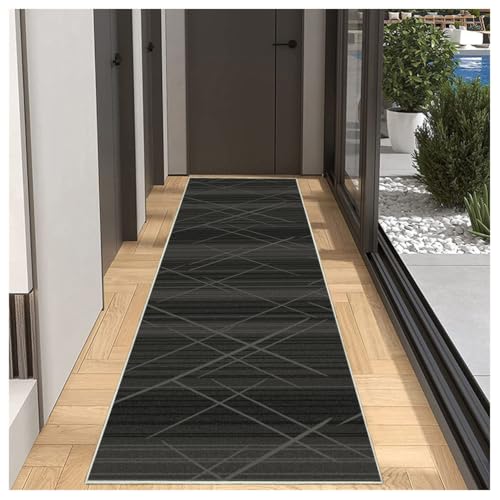 BORKOY Schwarz Flurläufer Teppich Küche 80x300cm Waschbar Anti-Rutsch, Küchenläufer Korridor Teppich Polyester Meterware | Anpassbare Länge für Wohnungseingang Balkontür Badezimmer Vorleger von BORKOY
