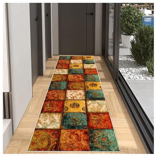 BORKOY Teppich Läufer Flur Bunt Patchwork 80x120cm rutschfest Küchenteppich Modern Waschbar Meterware Schlafzimmer Korridor Teppichläufer Lang für Wohnzimmer Esszimmer Eingang Polyester ，Anpassbare von BORKOY