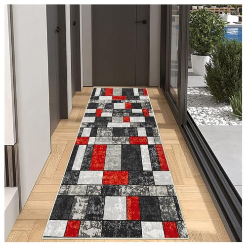 BORKOY Teppich Läufer Flur Korridor Küche 80x350cm Rot Grau rutschfest Waschbar Küchenteppich Flurläufer Lang,Moderner Polyester Läuferteppich für Wohnzimmer Schlafzimmer,Meterware Schmutzfangmatte von BORKOY