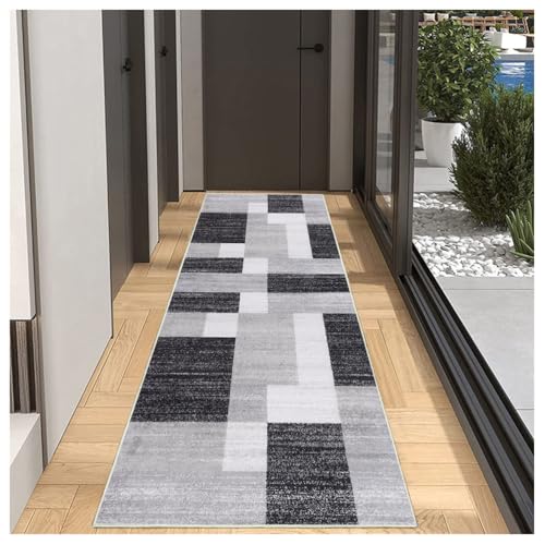 BORKOY Teppich Läufer Flur Korridor Küche Grau 40x100cm rutschfest Waschbar Moderner Bunter Kücheläufer Teppichläufer Polyester Meterware Anpassbar, Flurteppich für Wohnzimmer Schlafzimmer Esszimmer von BORKOY