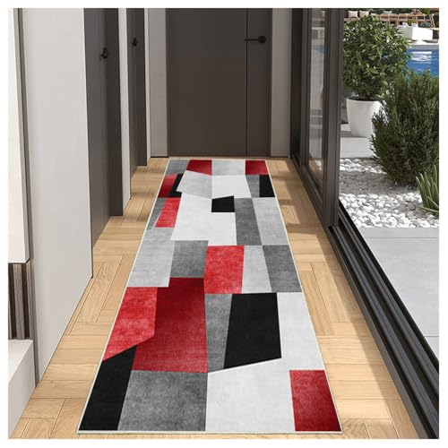 BORKOY Teppich Läufer Flur Korridor Küche Grau Rot 90x550cm rutschfest Waschbar Moderner Vintage Kücheläufer,Polyester Meterware Anpassbar Schlafzimmer Wohnzimmer Läufer,Flurteppich Lang Geometrisch von BORKOY