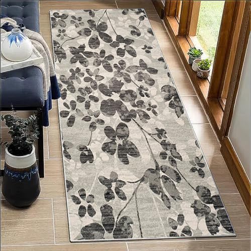 BORKOY Teppich Läufer Flur Küche Grau Blattmuster 100x120cm rutschfest Waschbar Küchenläufer Flurteppich Polyester Meterware Anpassbar für Korridor Wohnzimmer Schlafzimmer Esszimmer Moderner Design von BORKOY