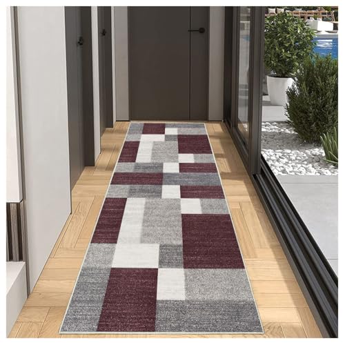 BORKOY Teppich Läufer Flur Küche Rot Vintage 60x200cm rutschfest Waschbar Modern, Küchenläufer Korridor Teppichläufer Lang, Polyester Meterware Anpassbar für Wohnzimmer Schlafzimmer, Esszimmer von BORKOY