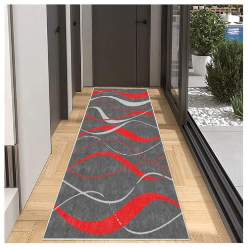 BORKOY Teppich Läufer Flur Küche100x200cm Grau Rot Geometrisch rutschfest Waschbar Küchenteppich Flurläufer, Moderner Polyester Läufer für Korridor Schlafzimmer Wohnzimmer, Meterware Anpassbar von BORKOY