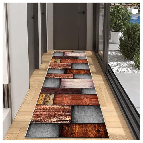 BORKOY Teppich Läufer Flur Lang rutschfest 60x200cm Küchenläufer Teppich Küche Läuferteppich Waschbar Fußmatte Kurzflor Teppichläufer Flur Moderner Wohnzimmerteppich für Eingangsbereich - Holzoptik von BORKOY