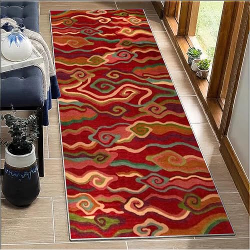 BORKOY Teppich Läufer Küche Flur Rot Abstrakt 80x250cm Vintage rutschfest Waschbar Küchenläufer Korridor Teppich Polyester Meterware Anpassbar für Wohnzimmer Schlafzimmer Esszimmer Küchenteppich BORKOY Teppich Läufer Küche Flur Rot Abstrakt 80x250cm Vintage rutschfest Waschbar Küchenläufer Korridor Teppich Polyester Meterware Anpassbar für Wohnzimmer Schlafzimmer Esszimmer Küchenteppich von BORKOY