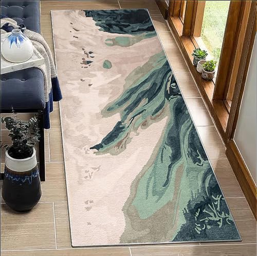 BORKOY Teppichläufer Flur Küche rutschfest Grün Creme 80x300cm Modern Abstract Waschbar Meterware Lang Küchenteppich Korridor Schlafzimmer Läufer Anpassbare Länge 40-120cm Breite von BORKOY