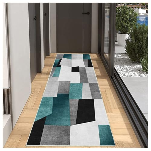 BORKOY Teppichmatte Korridor Teppich Flur Läufer Grau Grün Küche 80x450cm rutschfest Waschbar Anti-Rutsch, Moderner Küchenläufer für Wohnzimmer Schlafzimmer, Meterware Anpassbar Lang Polyester von BORKOY