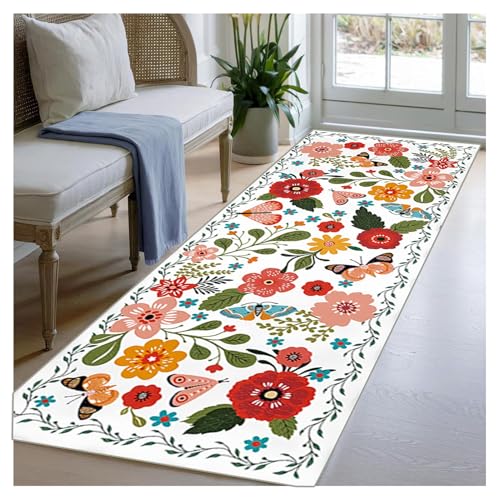 BORKOY Weiß Flurläufer Extra Lang 120x400cm mit Blumenmuster, Rutschfester Küchenteppich Waschbar, Teppichläufer für Küche Korridor Schlafzimmer Eingangsbereich Büro, Weicher Dünner Flor, Meterware von BORKOY