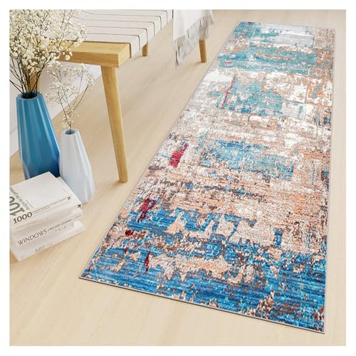 Blau Küchenläufer 80x120cm mit Abstraktem Motiv, Rutschfester Waschbarer Flurteppich Meterware Anpassbare Länge für Korridor Schlafzimmer Wohnzimmer Moderner Polyester Langteppich Schmutzfangmatte von BORKOY
