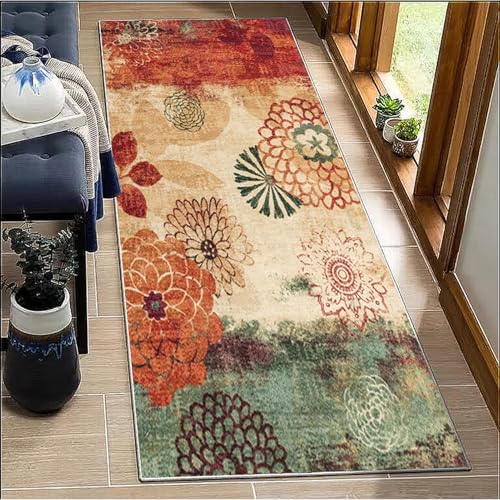 Blumen Vintage Rot/Orange/Grün - rutschfest Waschbar Küchenläufer Korridor Teppich | Polyester Läuferteppich für Schlafzimmer & Wohnzimmer Meterware von BORKOY
