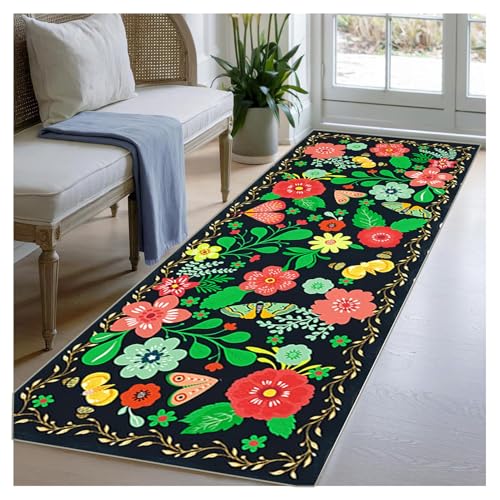 Bunt Flurläufer Extra Lang 120x240cm mit Blumenmuster, Rutschfester Küchenteppich Waschbar, Teppichläufer für Küche Korridor Schlafzimmer Eingangsbereich Büro, Weicher Dünner Flor, Meterware von BORKOY
