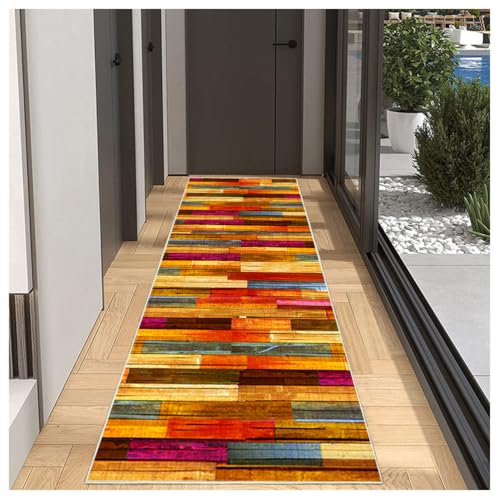 Flurläufer Extra Lang 60x500cm Holzmaserung - Teppichläufer rutschfest, Flurteppich，Küchenteppich Waschbar Bunte Küchenläufer für Küche Korridor Schlafzimmer Eingang Büro Wohnzimmer Entryway von BORKOY