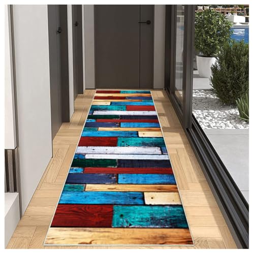 Läufer Flur rutschfest Teppich Küche 90x350cm Bunt Teppichläufer Lang Holzmuster Teppichmatten Meterware Kurzflor Polyester Korridor Schlafzimmer, Anpassbar Breite 40-120cm von BORKOY