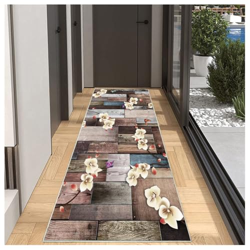 Läufer Teppich Flur Brown rutschfest Meterware 50x250cm Waschbar Küchenteppich Holzmaserung Schlafzimmer Korridor Teppichläufer Lang, Anpassbare Größe, 40-120cm Breit，Blumenmuster von BORKOY