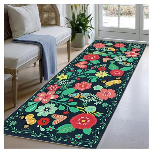 Schwarzer Flurläufer Extra Lang 90x350cm mit Blumenmuster, Rutschfester Küchenteppich Waschbar, Teppichläufer für Küche Korridor Schlafzimmer Eingangsbereich Büro, Weicher Dünner Flor, Meterware Schwarzer Flurläufer Extra Lang 90x350cm mit Blumenmuster, Rutschfester Küchenteppich Waschbar, Teppichläufer für Küche Korridor Schlafzimmer Eingangsbereich Büro, Weicher Dünner Flor, Meterware von BORKOY