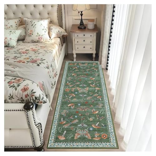 Teppich Läufer Flur 40x120cm Grün Schmetterling Naturstil，Rutschfester waschbarer Küchenläufer Korridor Teppichläufer Lang, Flurläufer Polyester Meterware anpassbar für Wohnzimmer Schlafzimmer von BORKOY