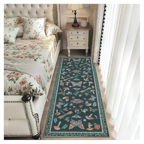 Teppich Läufer Flur 70x120cm Dunkelgrün Schmetterling Naturstil，Rutschfester waschbarer Küchenläufer Korridor Teppichläufer Lang, Flurläufer Polyester Meterware anpassbar für Wohnzimmer Schlafzimmer von BORKOY