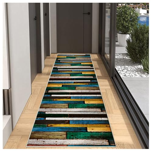 Teppich Läufer Flur rutschfest Küchenläufer Waschbar Retro Holzmuster 100x600cm Bunte Korridor Teppichläufer Lang Küchenteppich Für Küche Wohnzimmer Schlafzimmer Teppichläufer Meterware Anpassbar von BORKOY