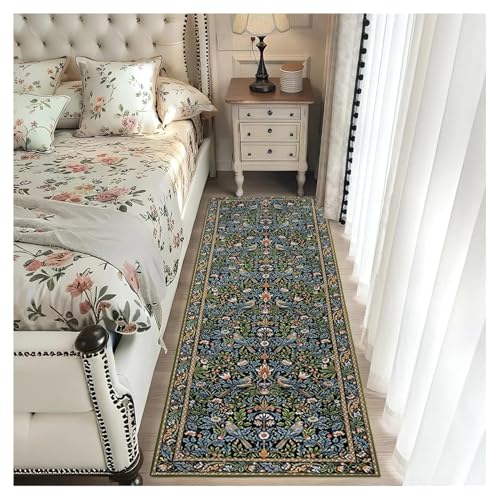 ‌Teppichläufer Flur Lang 90x120cm Blumenmuster Vintage Soft rutschfest Waschbar Dunkelblau Küchenläufer Flurteppich Teppichmatte Bettvorleger Wohnzimmer Schlafzimmer Korridor Läuferteppich‌ von BORKOY