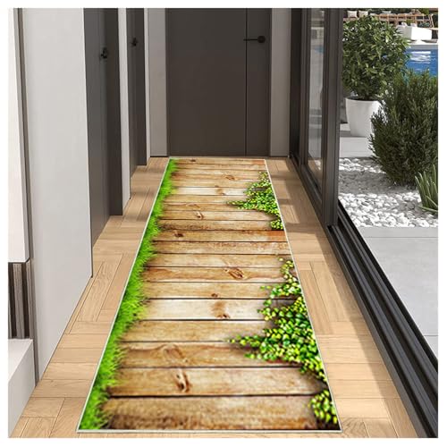 Teppichläufer rutschfest waschbar 40x450cm 3D Braun Holzmaserung Teppich Läufer Flur Küche Lang Modern Design Meterware Korridor Tepiche Esszimmer Schlafzimmer Wohnzimmer Schmutzfangmatte von BORKOY