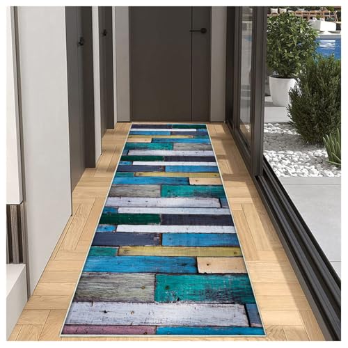 Vintage Teppich Läufer Flur Blau Lang rutschfest KücheLäufer Holzmaserung Waschbar Schlafzimmer Bunt Teppich Läufer 70x500cm Dauerhaft Läuferteppich FlurLäufer Korridor Meterware von BORKOY